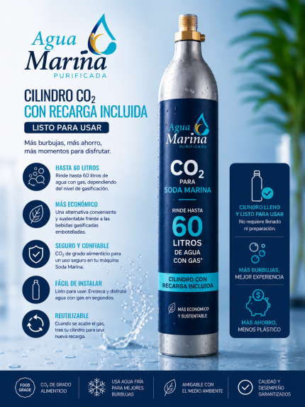 Cilindro + Recarga CO₂ para Soda Marina – Hasta 60 Litros de Agua con Gas